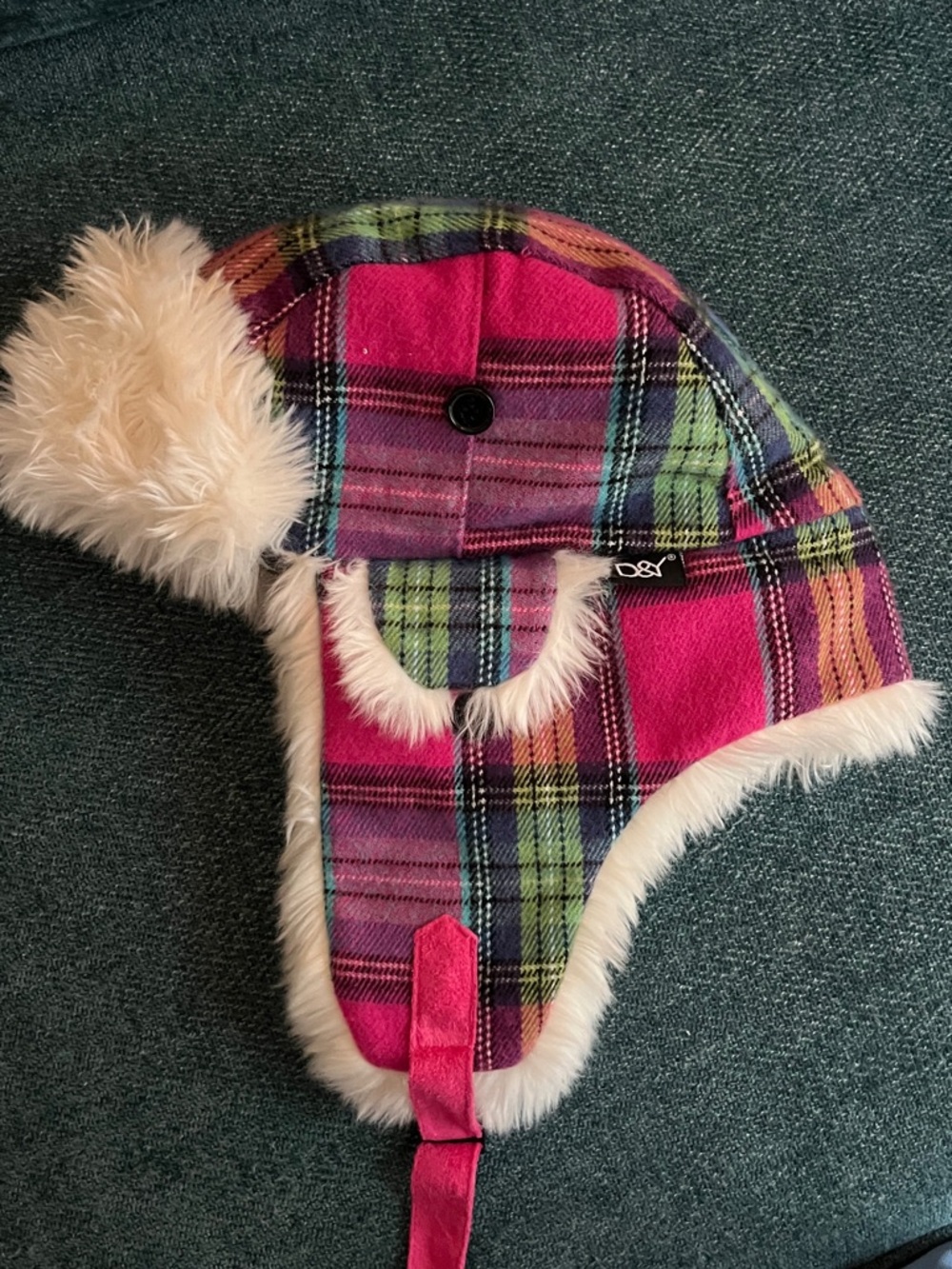 D&Y Cream Faux Fur Lined Kids Trapper Hat with Pink Accent